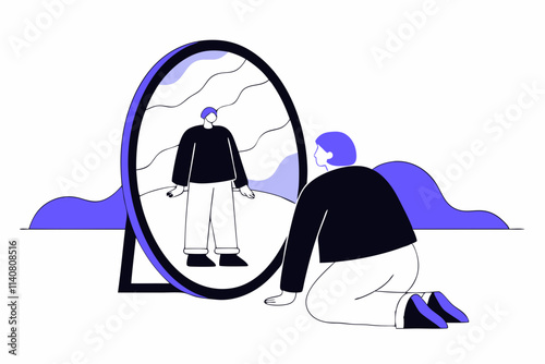 Contemplative Person Reflection in Full-Length Mirror Illustration