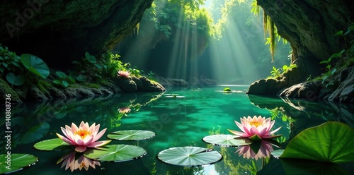 Water lilies adorn the surface of an emerald green cave pond amidst lush jungle surroundings, jungle, aquatic photo