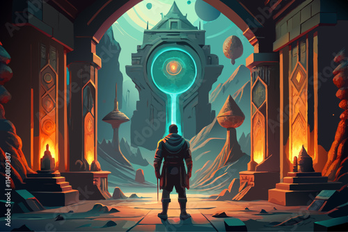 Lone Explorer in Ancient Alien Temple with Mysterious Artifact