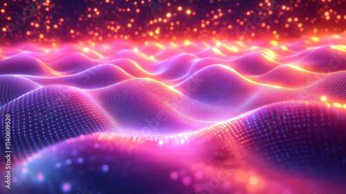 swirling, colorful landscape of glowing hills and dots