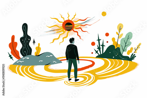 Contemplative Man gazing at Surreal Sunset in Stylized Landscape
