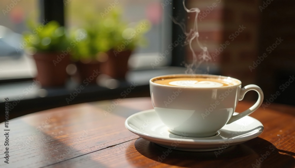Tea cup with steaming milk and scone on a side table, beverage, scone Tea cup with steaming milk and scone on a side table, beverage, scone