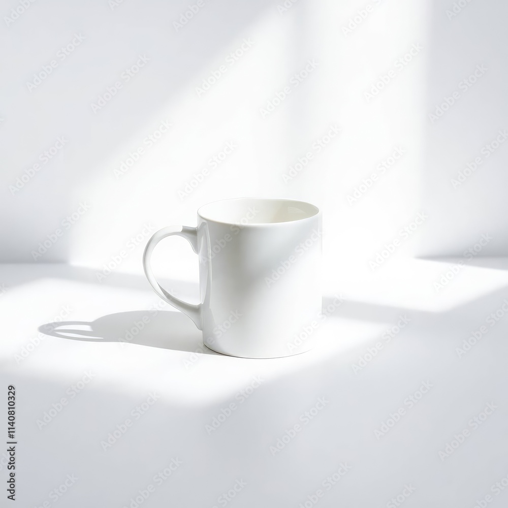 Modern Minimalist White Ceramic Coffee Mug on Neutral Background Modern Minimalist White Ceramic Coffee Mug on Neutral Background
