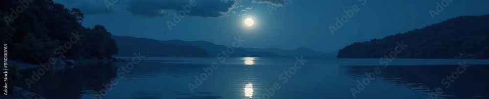 The glowing moon casts an ethereal light on the dark waters of a serene lake at night, peacefulness, darkness, stillness The glowing moon casts an ethereal light on the dark waters of a serene lake at night, peacefulness, darkness, stillness