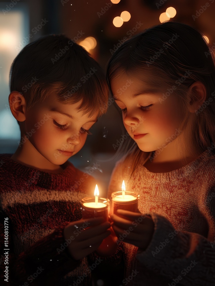 A brother and sister holding candles and making wishes on christmas eve at home. A brother and sister holding candles and making wishes on christmas eve at home.