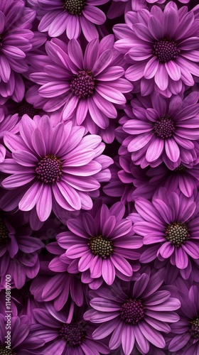 Vibrant purple African daisies in full bloom creating a mesmerizing natural pattern, with detailed petals and dark centers showcasing nature's perfect symmetry and beauty.