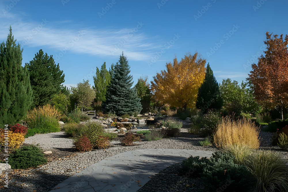 A serene garden path surrounded by vibrant trees and lush vegetation in autumn. A serene garden path surrounded by vibrant trees and lush vegetation in autumn.