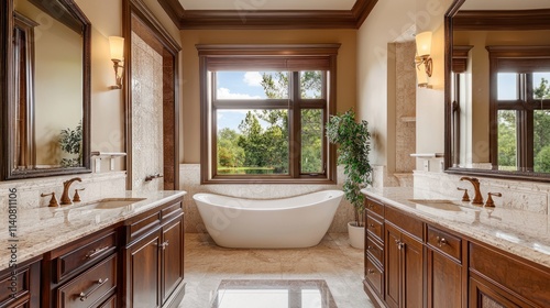 A luxurious bathroom featuring a freestanding soaking tub  marble countertops  and elegant fixtures