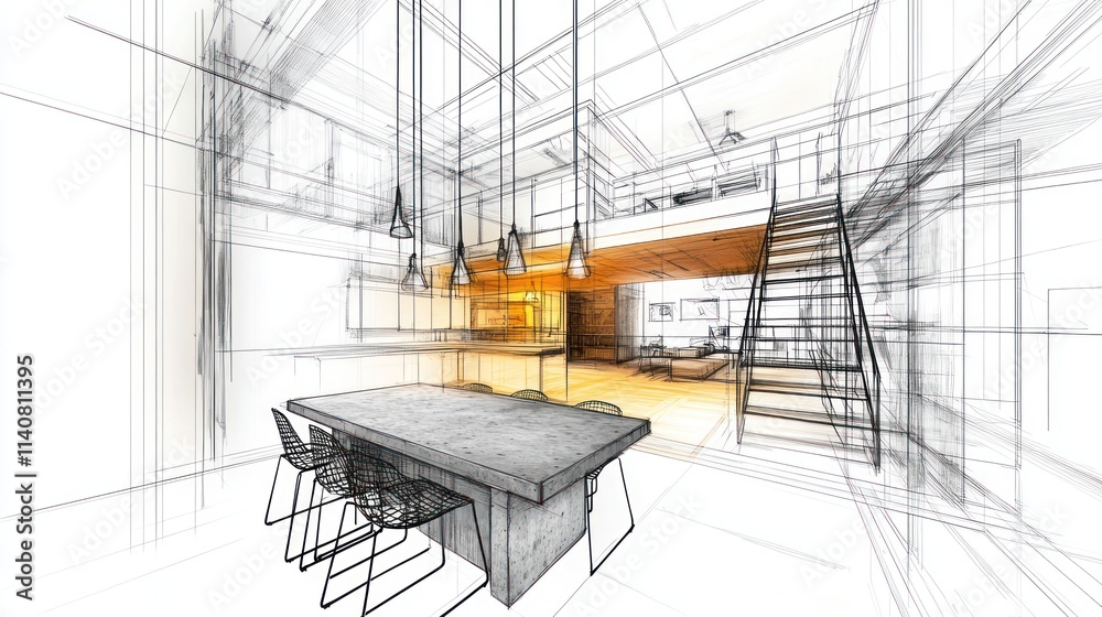 A conceptual architectural design showcasing a modern interior with a lofted space. A conceptual architectural design showcasing a modern interior with a lofted space.