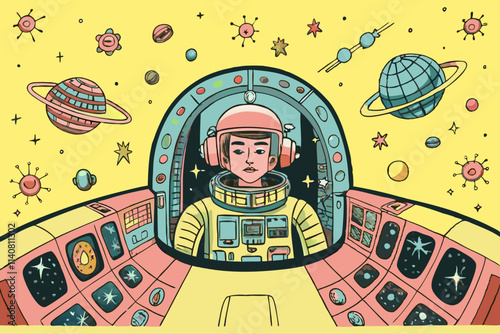 Cartoon Astronaut in Spacesuit Exploring Outer Space with Planets and Stars