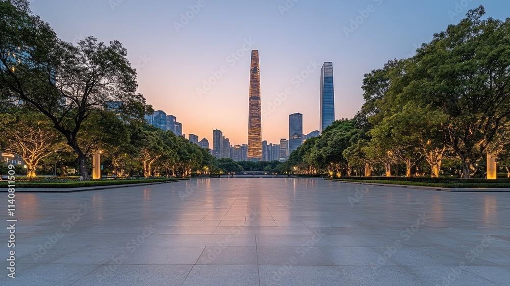Fototapeta premium Empty square marble floor frames a stunning city skyline in Shenzhen, showcasing modern architecture at sunset with lush greenery