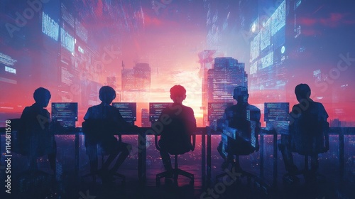 Silhouettes of individuals working on computers against a vibrant cityscape at sunset.