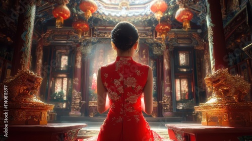 Asian woman in red cheongsam qipao dress is making a wish to ancestral god inside Chinese Buddhist temple during lunar new year for. for best wish blessing and good luck concept photo