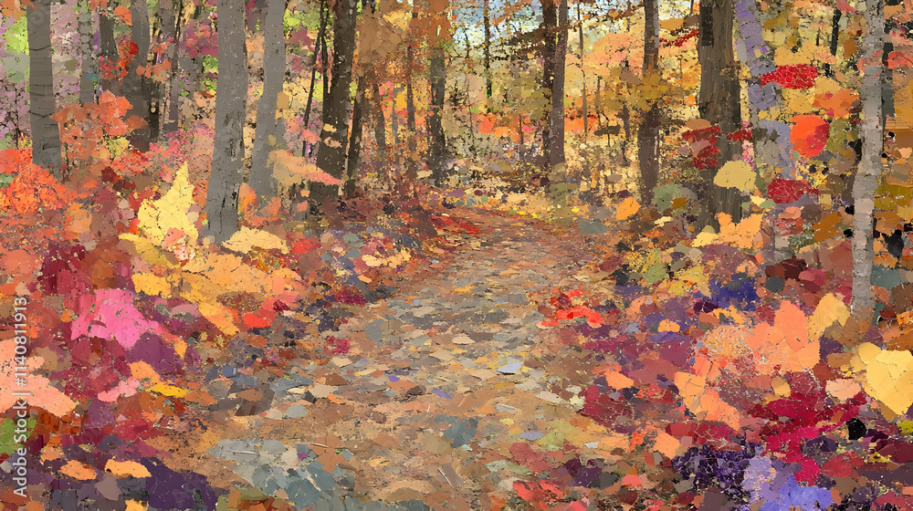 A colorful autumn path surrounded by trees and fallen leaves, inviting exploration. A colorful autumn path surrounded by trees and fallen leaves, inviting exploration.