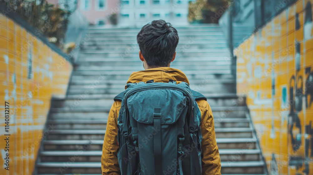 Fototapeta premium Young Hiker in Yellow Jacket Stands Before Urban Steps with Backpack, Exploring Adventure and Urban Landscape, Travel and Exploration Concept