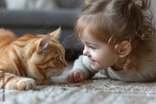 Child caucasian girl is laying on the floor next to a red cat photo