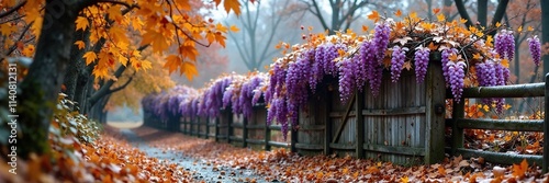 Wisteria vines adorn a rustic wooden fence amidst autumn foliage, landscape, winter, autumn photo