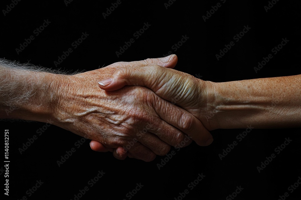 Fototapeta premium Two elderly hands clasped together, dark background.