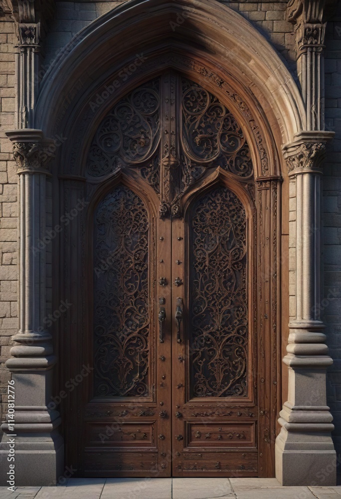 Obraz premium Intricately carved wooden door with Gothic architectural details, wooden hinges , cathedral doors, ancient church building