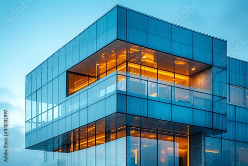 Tall building with a glass facade and a balcony, lit up with a warm glow, giving it a welcoming and inviting appearance photo