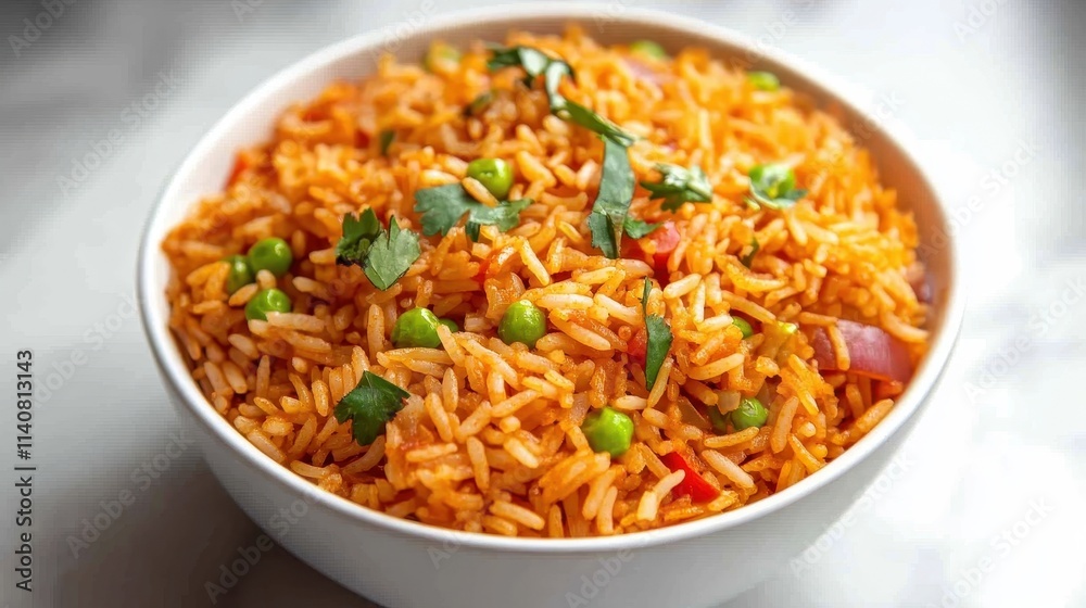 Colorful Spanish Style Fried Rice in White Ceramic Bowl Colorful Spanish Style Fried Rice in White Ceramic Bowl