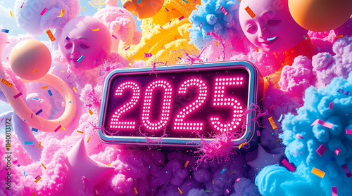 pink sign with the number 2025, surrounded by colorful clouds and confetti photo