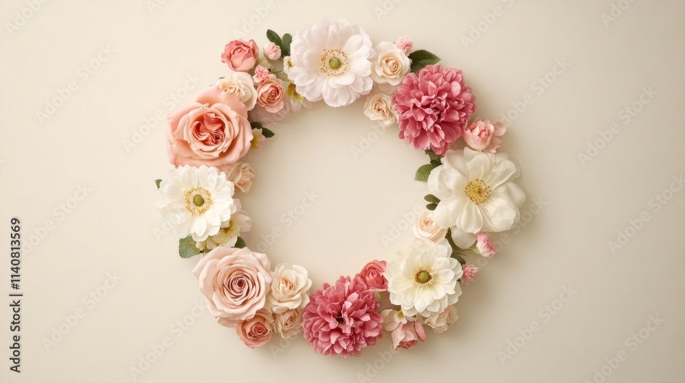 Floral Wreath on Plain Canvas Design a minimalistic wreath of roses, peonies, and daisies in soft spring colors, encircling a plain cream paper texture, leaving space for text in the center. Floral Wreath on Plain Canvas Design a minimalistic wreath of roses, peonies, and daisies in soft spring colors, encircling a plain cream paper texture, leaving space for text in the center.