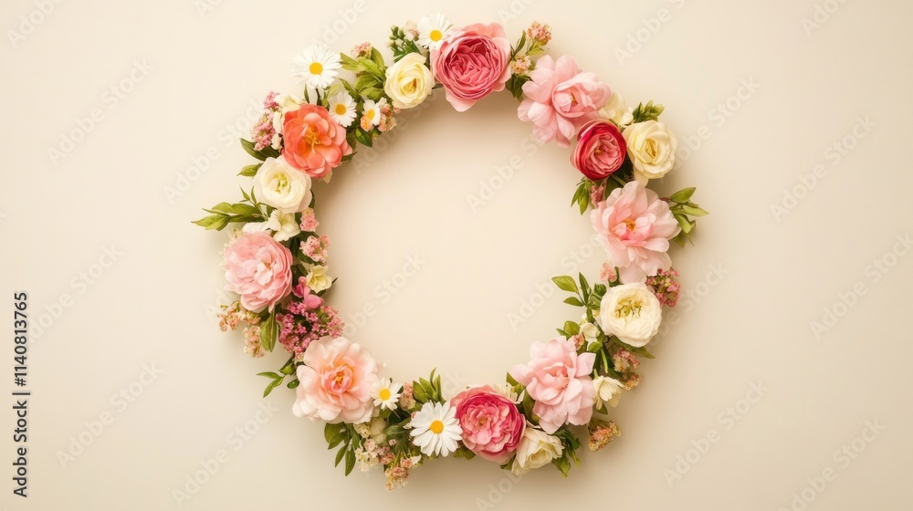Floral Wreath on Plain Canvas Design a minimalistic wreath of roses, peonies, and daisies in soft spring colors, encircling a plain cream paper texture, leaving space for text in the center. Floral Wreath on Plain Canvas Design a minimalistic wreath of roses, peonies, and daisies in soft spring colors, encircling a plain cream paper texture, leaving space for text in the center.