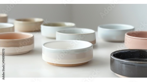 A minimalist image of handmade soap dishes on a white background.--ar 16:9 photo