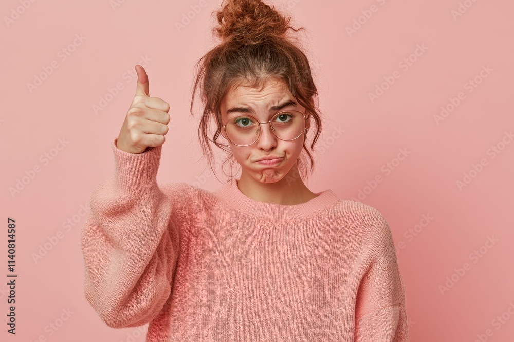Woman, pink sweater, glasses, thumbs up, unhappy face. Woman, pink sweater, glasses, thumbs up, unhappy face.