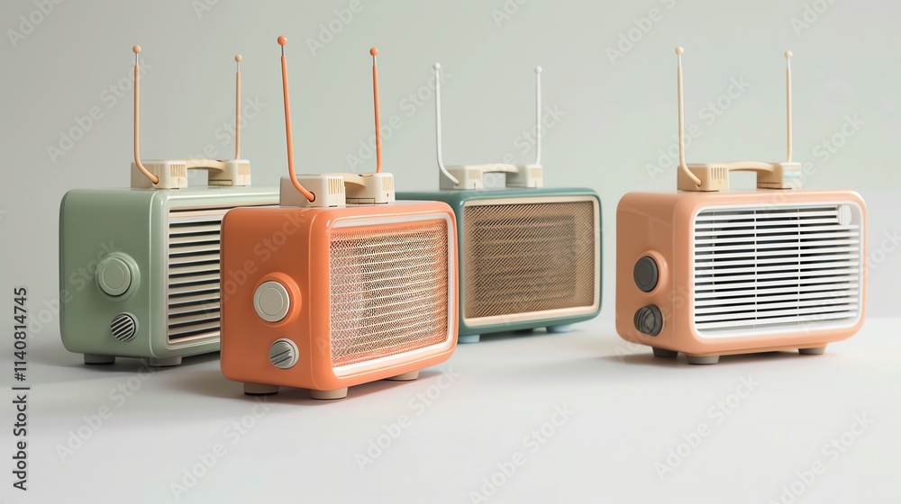 A minimalist image of retro radios isolated on a white background.--ar 16:9 A minimalist image of retro radios isolated on a white background.--ar 16:9