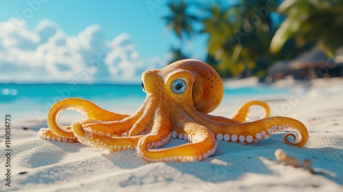 Cute cartoon octopus on a tropical beach. photo