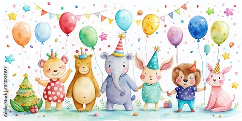 Watercolor Party Animals, Kids Birthday, Festive Celebration, Cute Cartoon Illustration