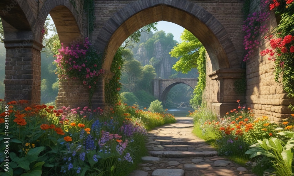 Fototapeta premium Lush greenery and vibrant flowers line pathways under arches of historic bridge crossing over river , countryside, riverside, arched bridge
