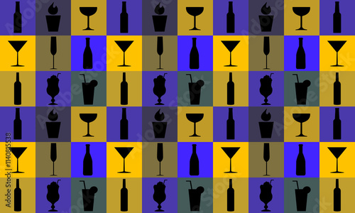 Vector seamless pattern blue and yellow of cocktail bar. Squares.