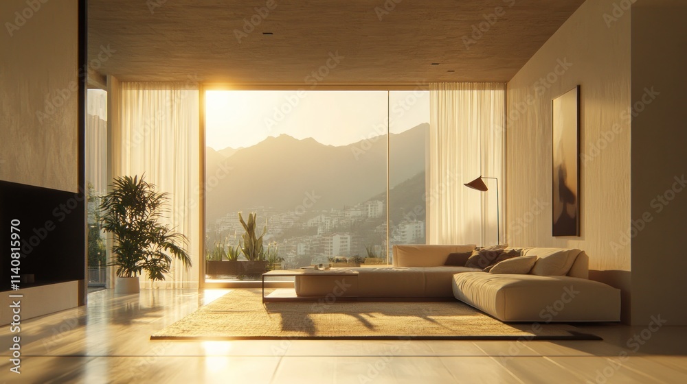 Modern living room with large windows showcasing a mountain view at sunset. Modern living room with large windows showcasing a mountain view at sunset.