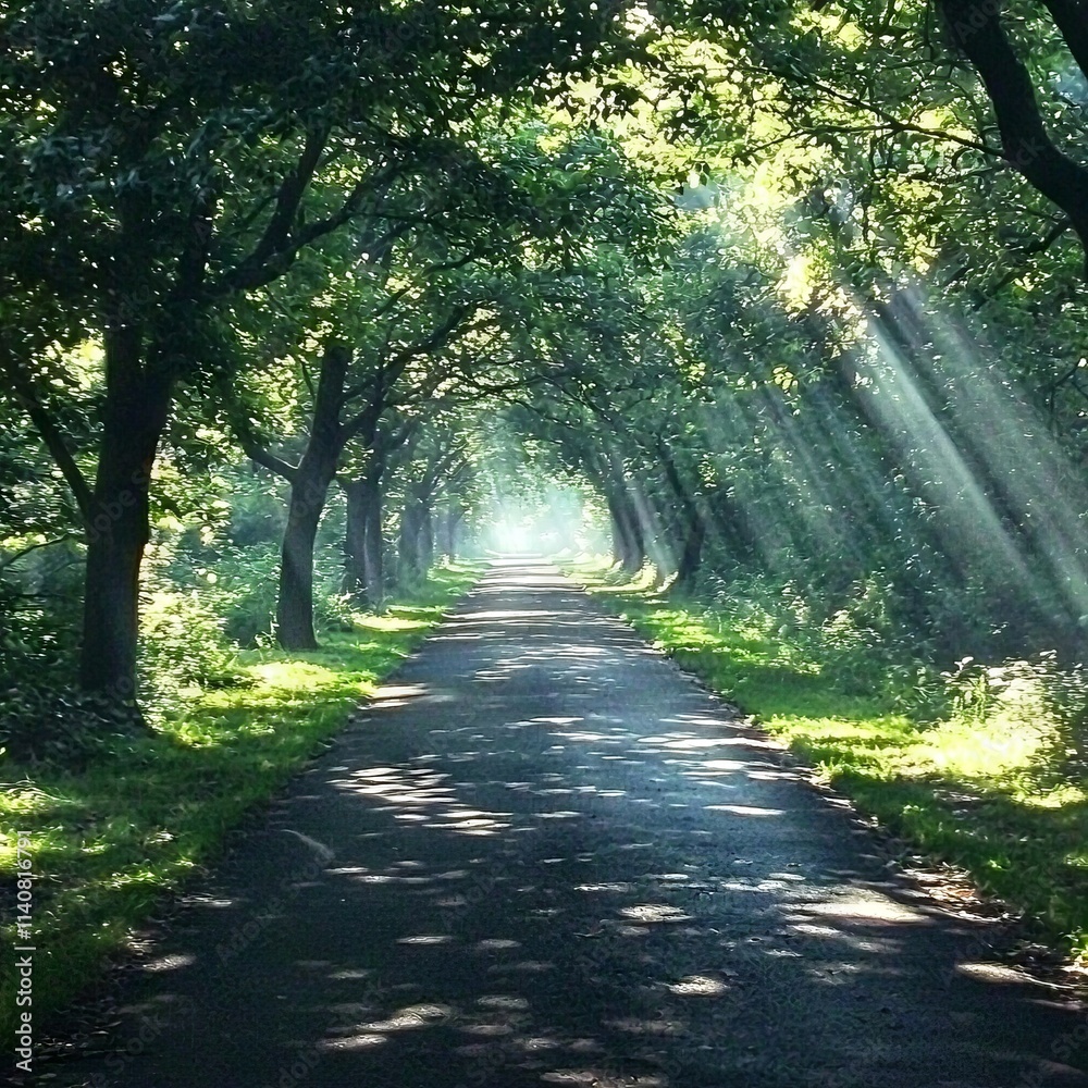 Obraz premium A serene pathway lined with trees, illuminated by soft sunlight beams.