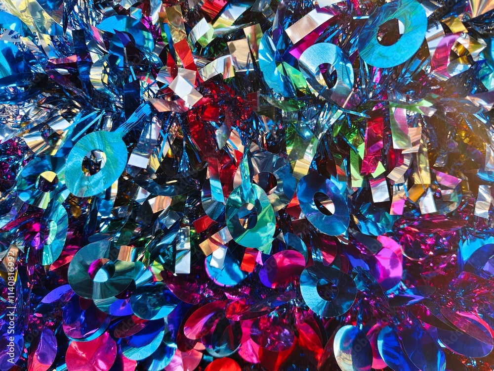Obraz premium Happy new year background of shiny garlands of merry Christmas multicolored tinsel close-up