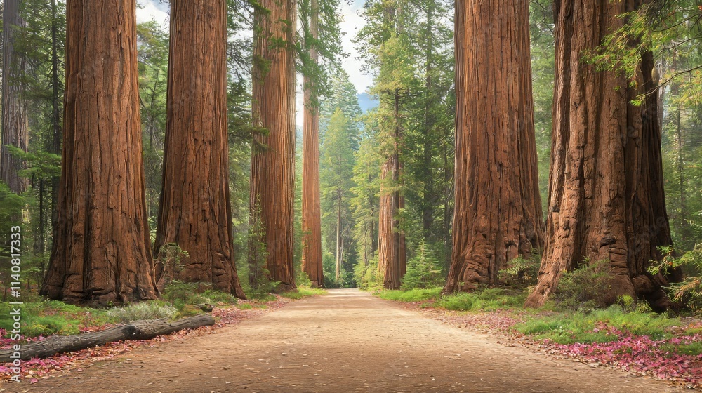 Fototapeta premium A serene pathway through towering redwood trees in a lush forest.