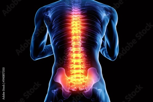Human spine showing intervertebral discs and pelvis bones experiencing back pain