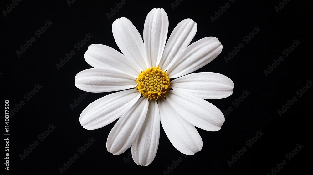 Fototapeta premium White Daisy on Black Background - Purity, simplicity, elegance, nature, bloom. A single white daisy stands out against a stark black backdrop.