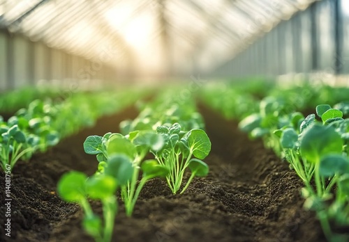 Close-up of green sprouts growing in the ground inside a greenhouse, with a panoramic view