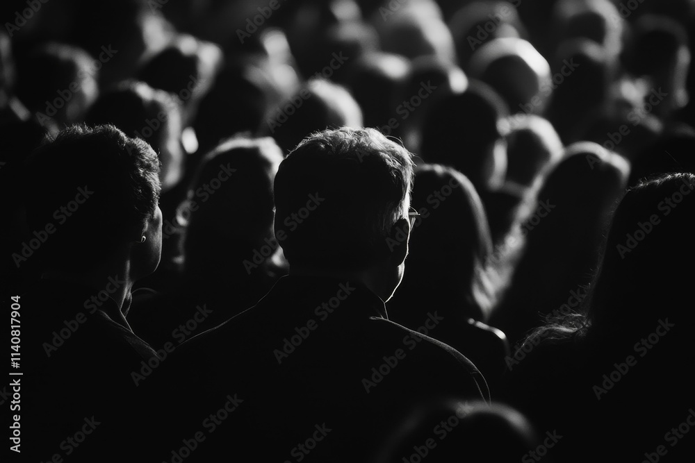 Fototapeta premium Silhouetted figures, seated crowd, black and white.