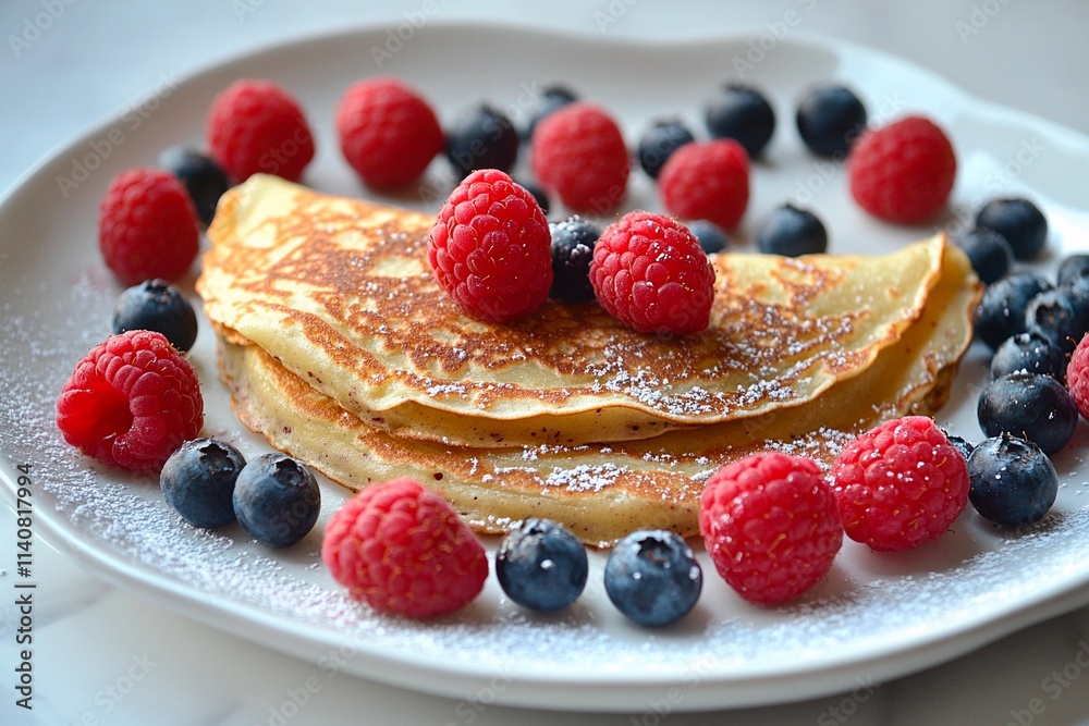 Delightful breakfast spread featuring fluffy pancakes adorned with fresh berries Delightful breakfast spread featuring fluffy pancakes adorned with fresh berries