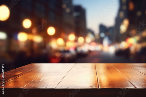 generated illustration of empty wooden table top with lights bokeh on blur restaurant background