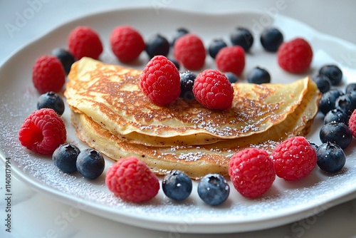 Delightful breakfast spread featuring fluffy pancakes adorned with fresh berries