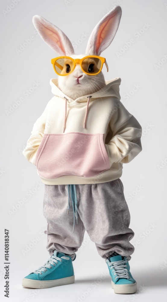 A stylish rabbit wearing a hoodie and glasses, posing in a playful, trendy manner. A stylish rabbit wearing a hoodie and glasses, posing in a playful, trendy manner.