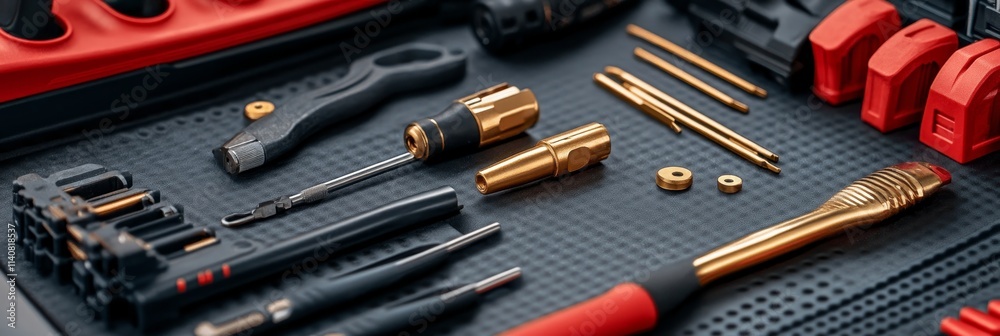 Fototapeta premium Precision Picking Tools on Work Mat - Organized precision tools, meticulously arranged on a protective work mat. Symbolizing precision, craftsmanship, detail, organization, and efficiency.