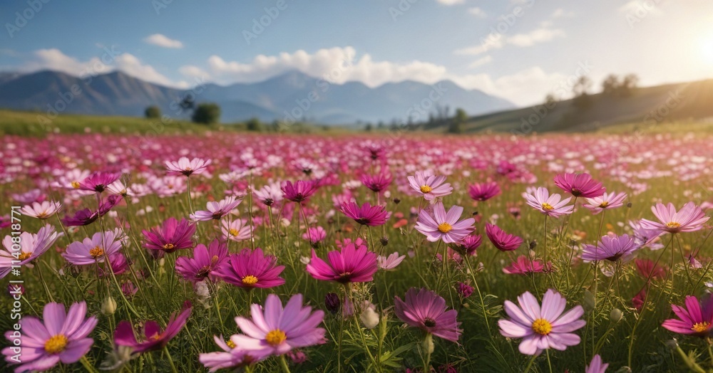 Open field with vibrant cosmos flowers blooming in the sun, outdoor, vibrant colors , green grass Open field with vibrant cosmos flowers blooming in the sun, outdoor, vibrant colors , green grass