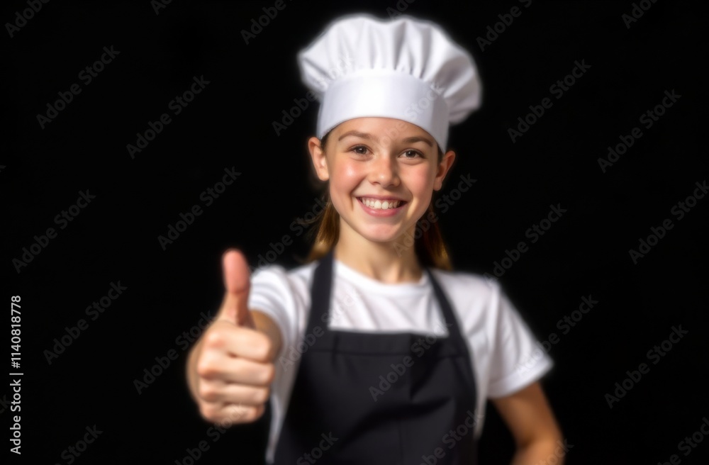 A girl in an apron and a chef's hat shows thumb up on a black background. The concept of children's cooking master classes A girl in an apron and a chef's hat shows thumb up on a black background. The concept of children's cooking master classes